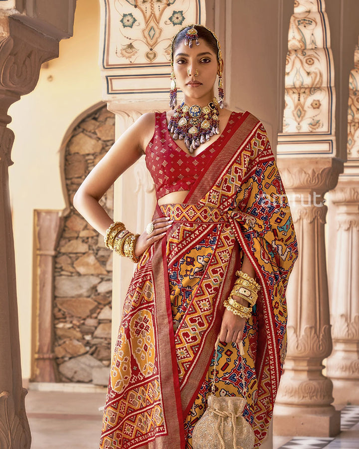 Cream Double Ikat Patola Saree in Cotton Silk With an Unstitched Blouse