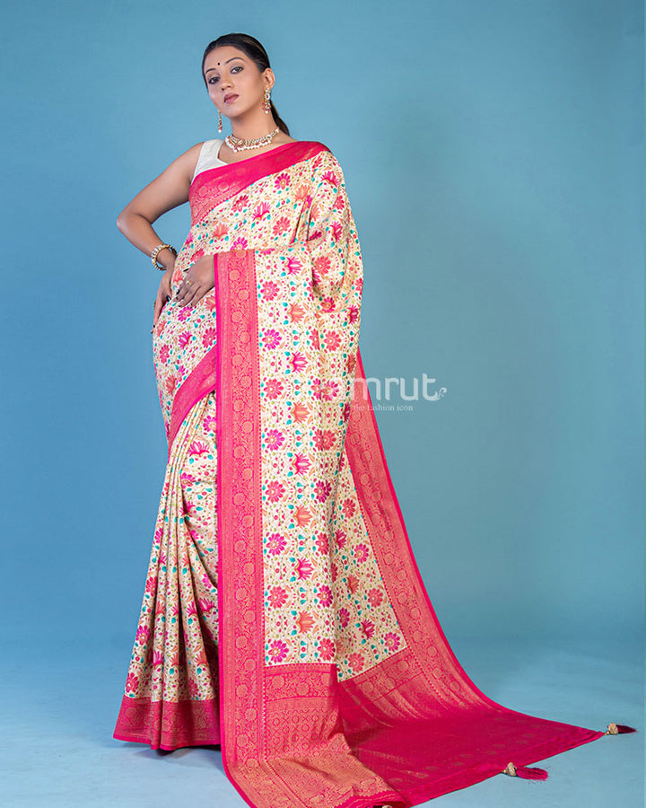 Cream Floral Woven Silk Saree With Unstitch Blouse