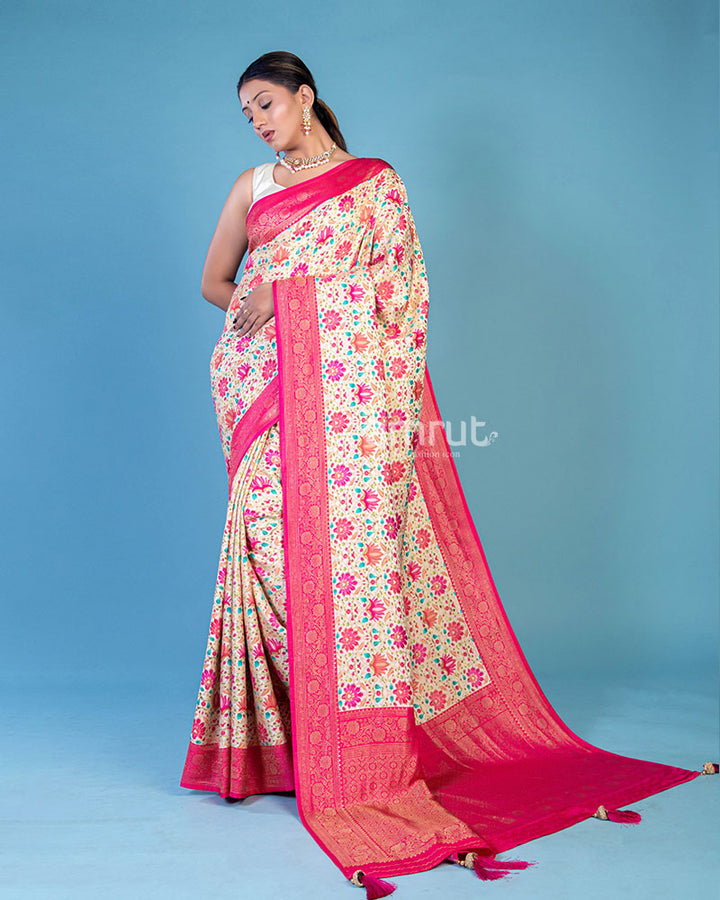 Cream Floral Woven Silk Saree With Unstitch Blouse