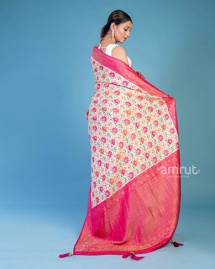 Cream Floral Woven Silk Saree With Unstitch Blouse