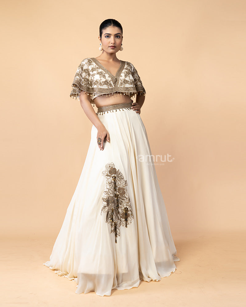 Cream Lehenga Choli with Golden Zardozi and Pearl Work