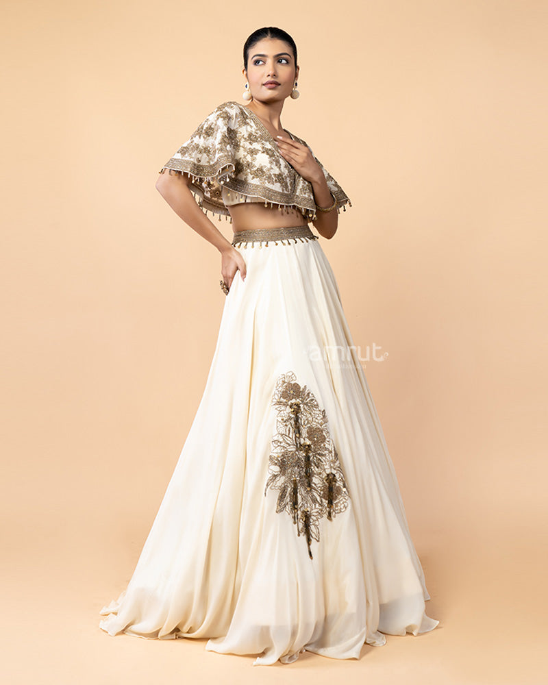 Cream Lehenga Choli with Golden Zardozi and Pearl Work