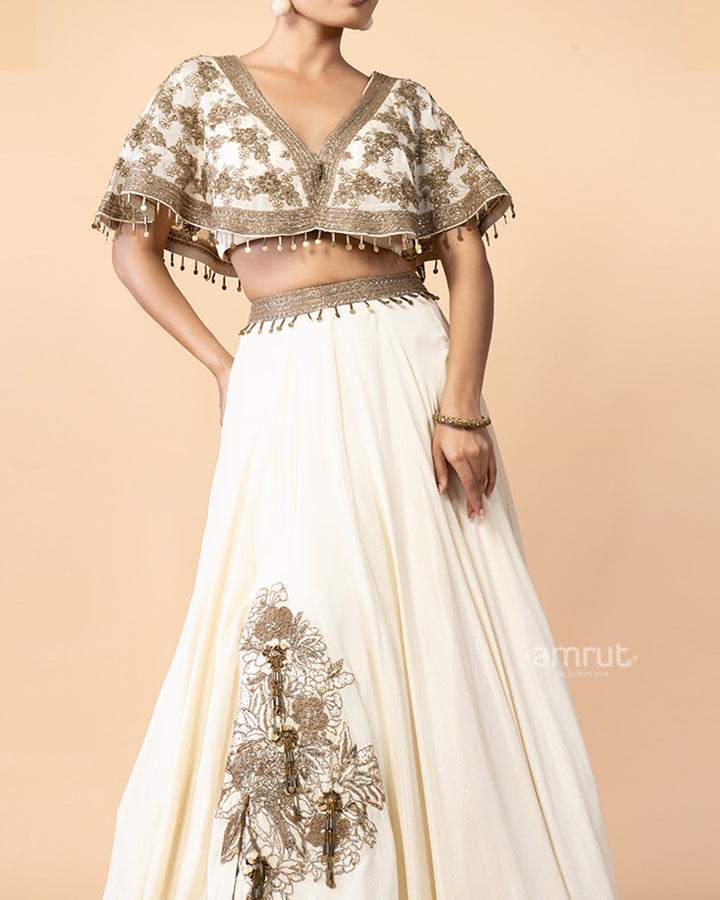 Cream Lehenga Choli with Golden Zardozi and Pearl Work