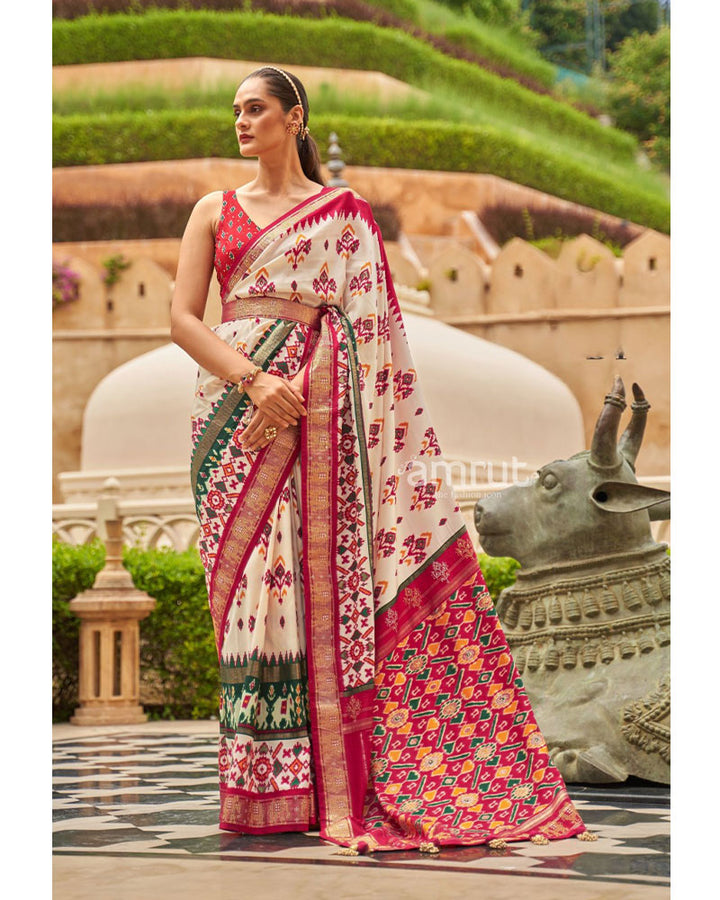 Cream Patola Silk Saree With Printed Border and Unstitched Blouse