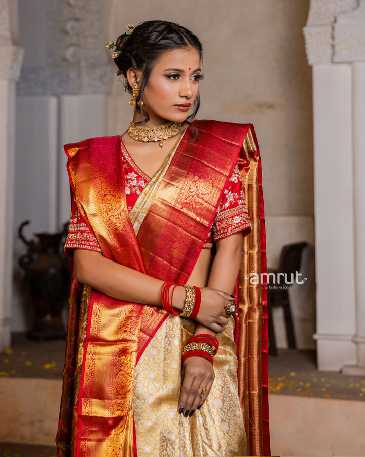 Cream Pure Kanjivaram Silk Saree for Bride