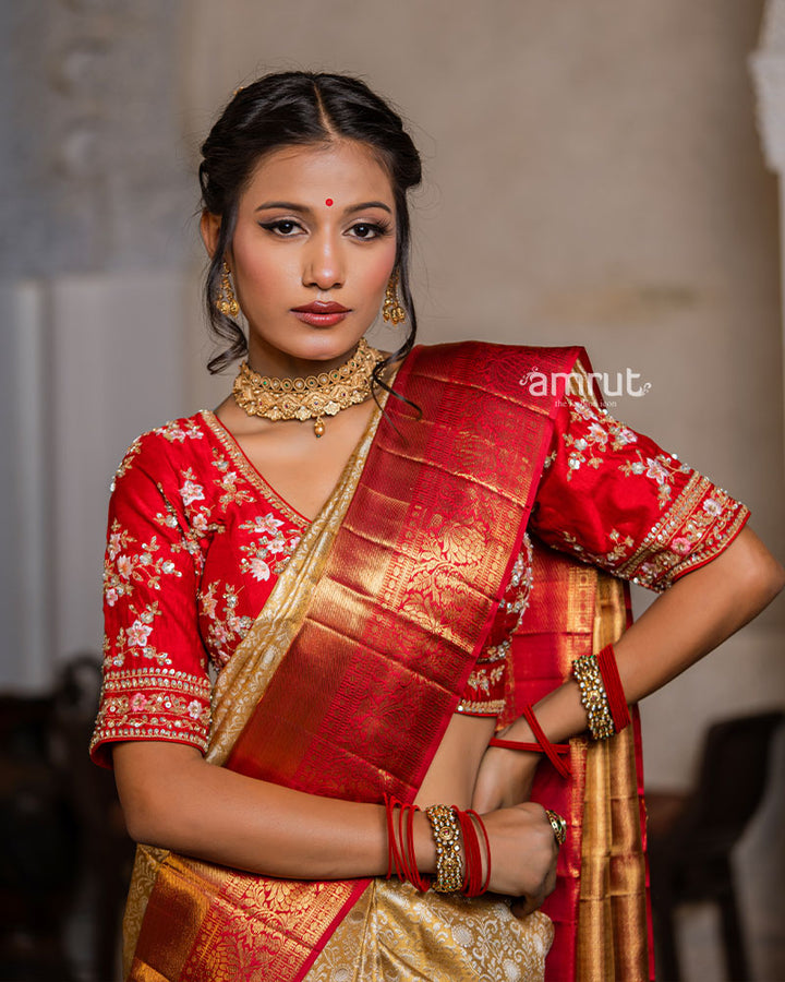 Cream Pure Kanjivaram Silk Saree for Bride