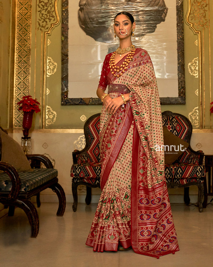 Cream Saree Patola With Unstitched Blouse in Cotton Silk