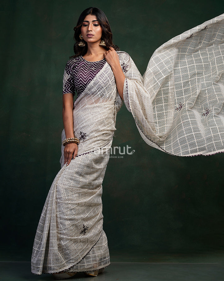 Cream Saree With Chiffon Embroidery Stitched Blouse