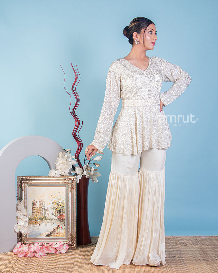 Cream Sharara Suit With Embroidered Peplum Kurti