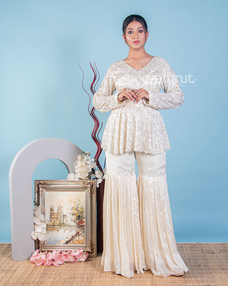 Cream Sharara Suit With Embroidered Peplum Kurti