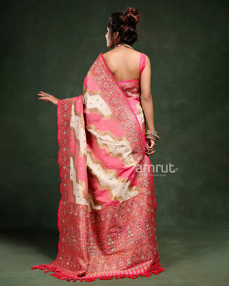 Cream Silk Saree with Unstitched Blouse for Bride