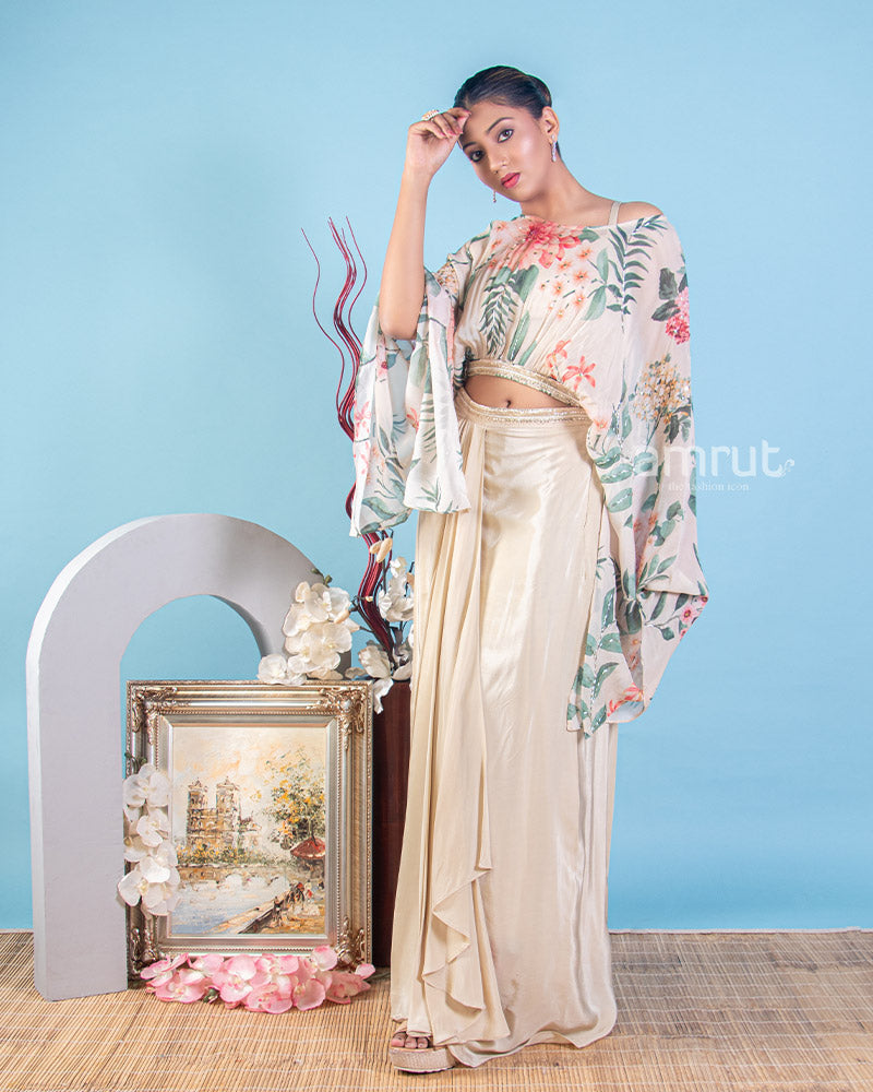 Cream White Floral Printed Top and Palazzo Set in Georgette  With Sequins Work