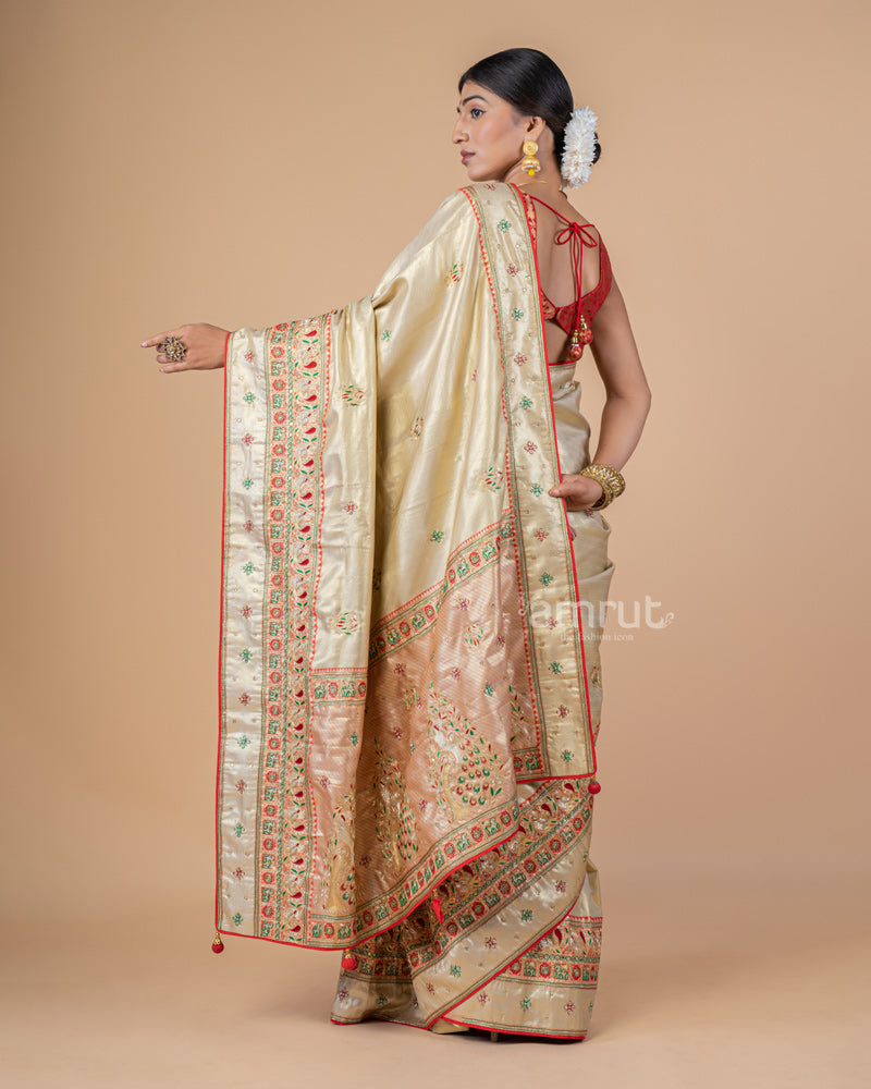 Cream Silk Saree With Embroidered Pallu With Unstitched Blouse