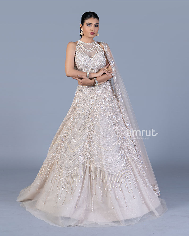 Cream Beaded Halter Lehenga Choli with Scalloped Net Dupatta 01