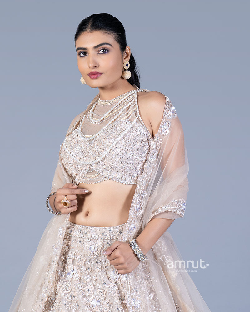 Cream Beaded Halter Lehenga Choli with Scalloped Net Dupatta 02