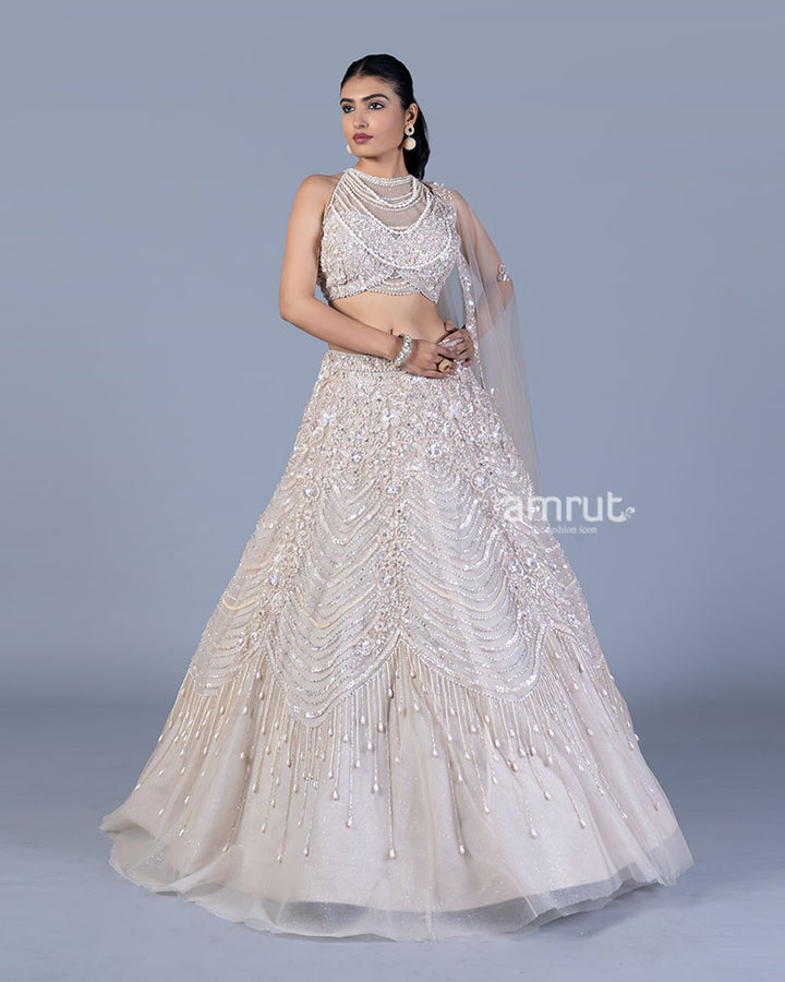 Cream Beaded Halter Lehenga Choli with Scalloped Net Dupatta 04