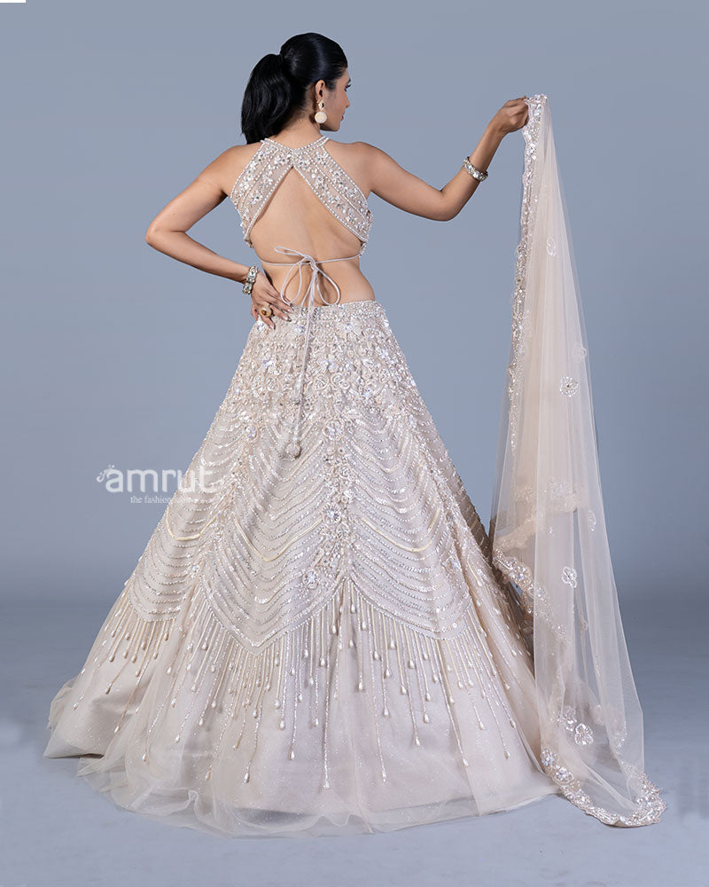 Cream Beaded Halter Lehenga Choli with Scalloped Net Dupatta 05