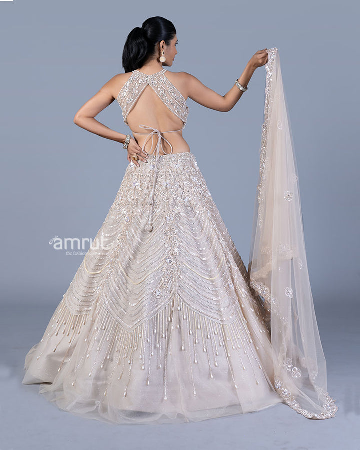 Cream Beaded Halter Lehenga Choli with Scalloped Net Dupatta 05
