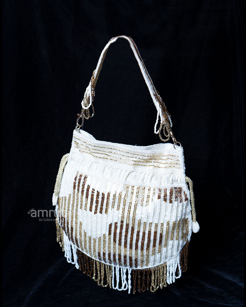 Cream Beaded and Sequin with Fringe and Gold Accents Handbag 01
