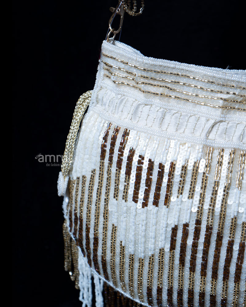 Cream Beaded and Sequin with Fringe and Gold Accents Handbag 02