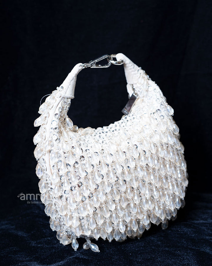 Cream Beaded with Clear Crystal Embellishments Satchel Handbag 01
