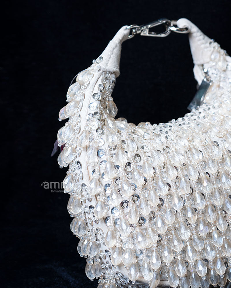 Cream Beaded with Clear Crystal Embellishments Satchel Handbag 02