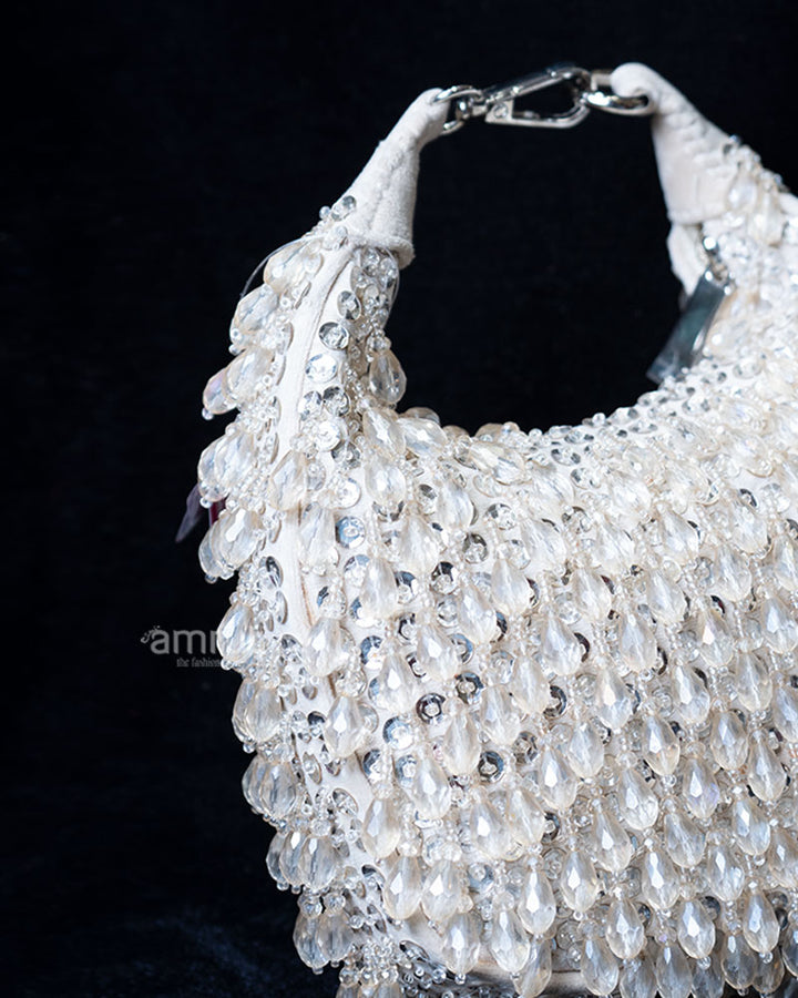 Cream Beaded with Clear Crystal Embellishments Satchel Handbag 02