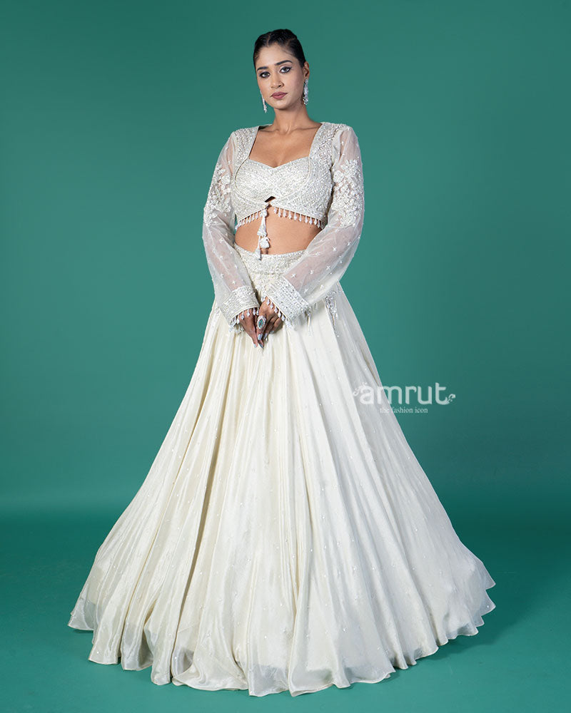 Cream Embellished Lehenga and Cropped Choli with Jacket 01