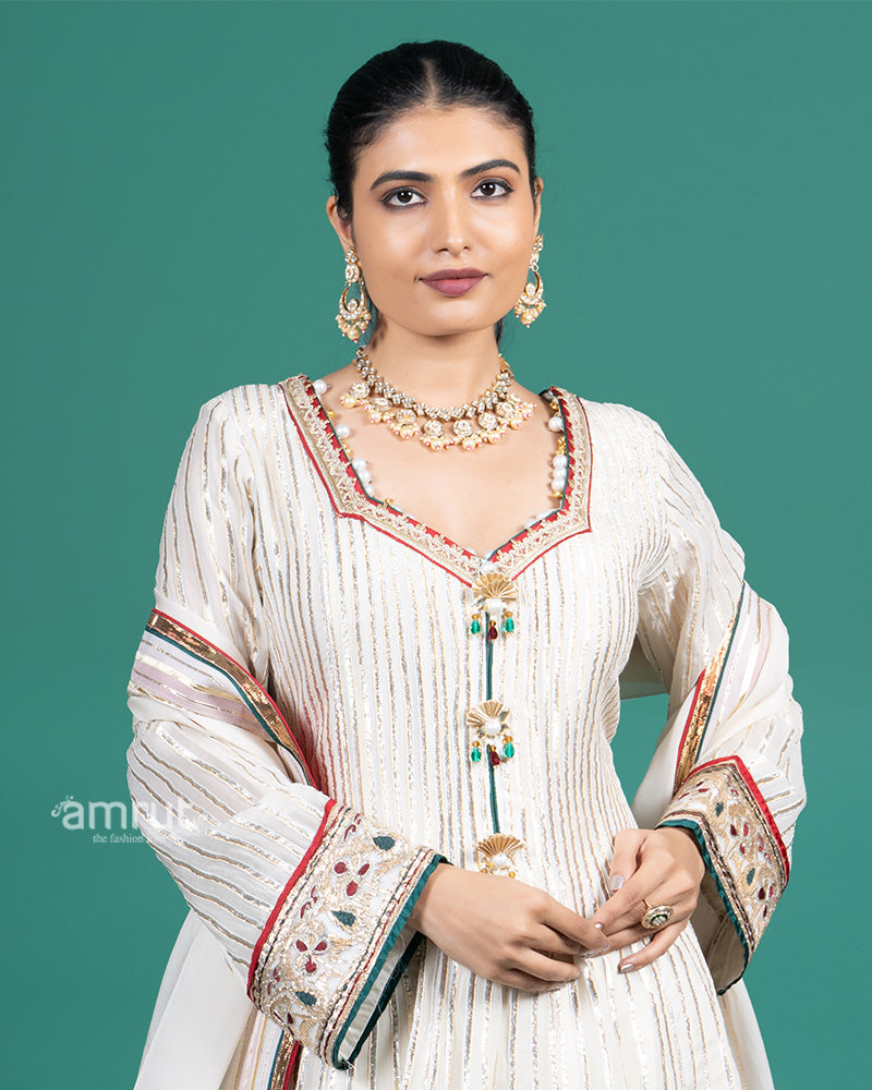 Cream Embroidered Anarkali Set with Palazzo Pants and Dupatta 02