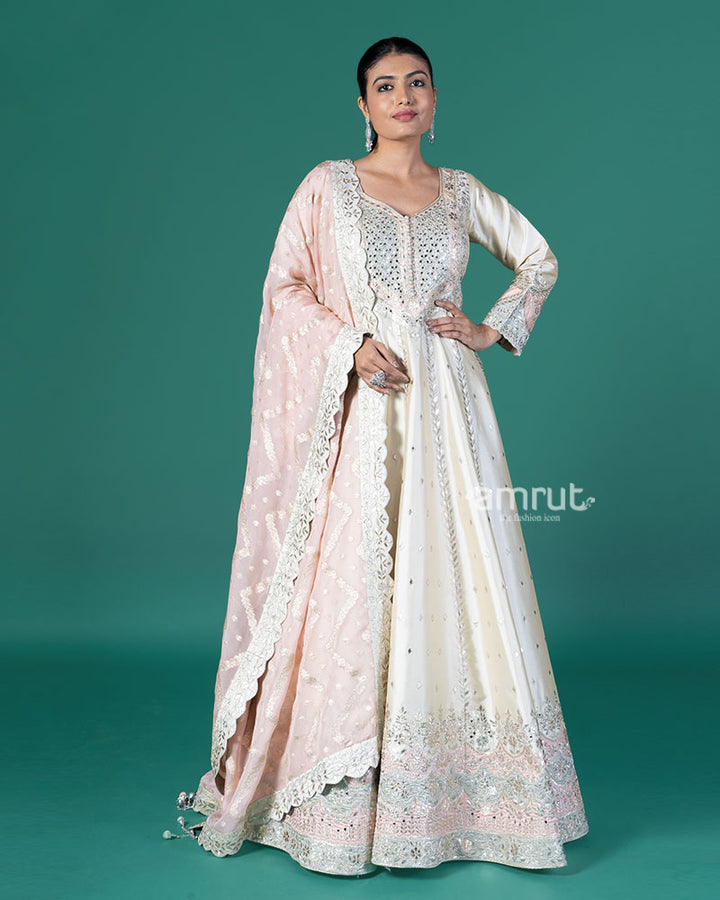 Cream Embroidered Anarkali with Pink Dupatta 01