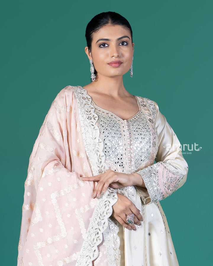 Cream Embroidered Anarkali with Pink Dupatta 02