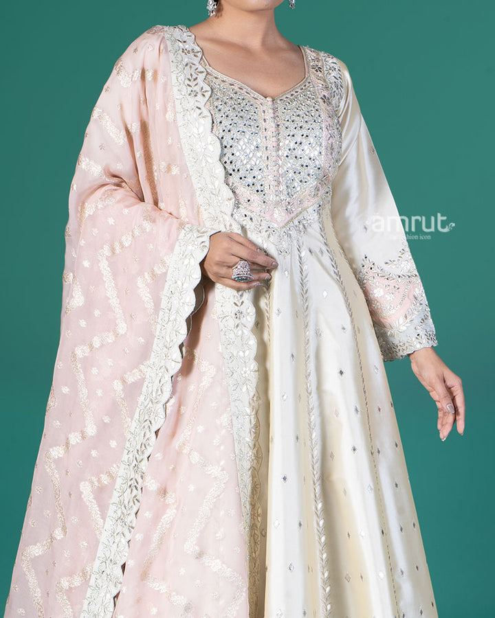 Cream Embroidered Anarkali with Pink Dupatta 03