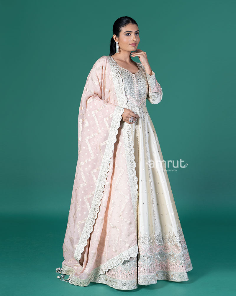 Cream Embroidered Anarkali with Pink Dupatta 04