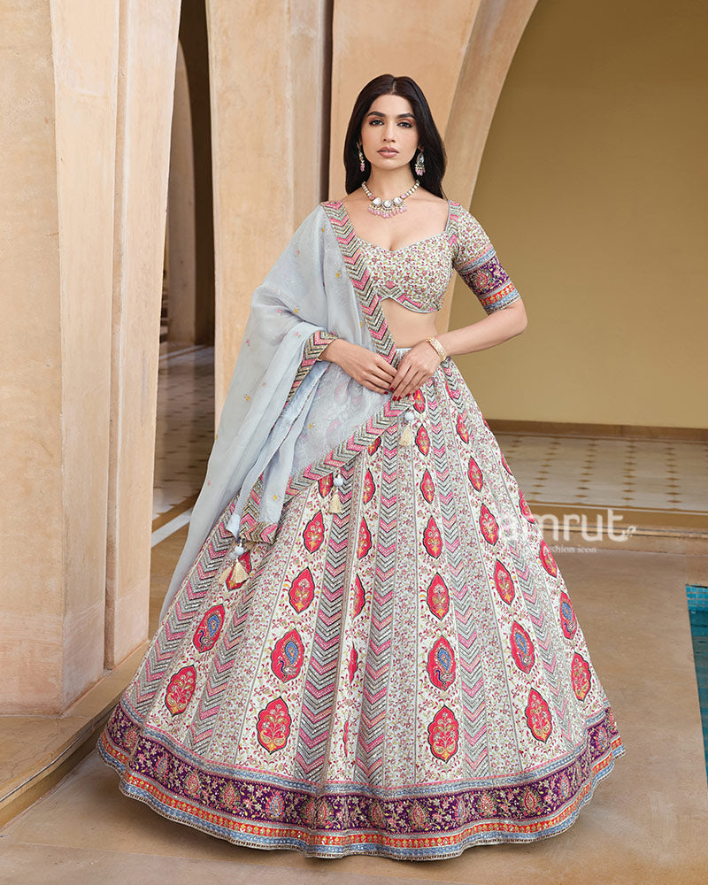 Cream Floral Embroidery Lehenga Choli with Light Gray Dupatta 01