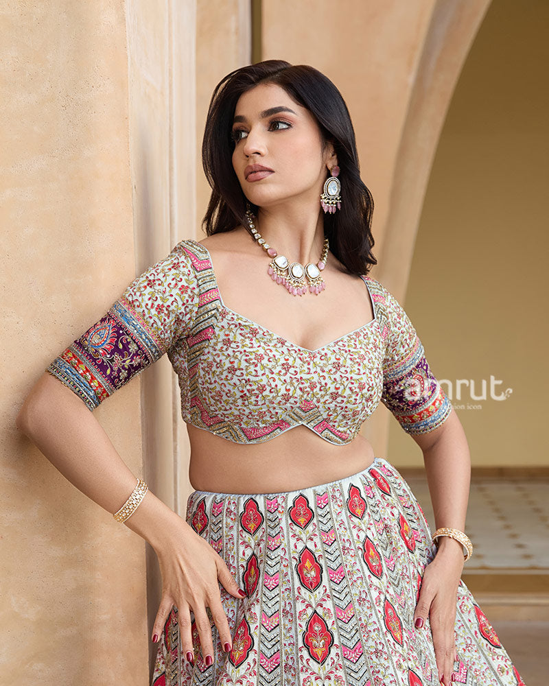 Cream Floral Embroidery Lehenga Choli with Light Gray Dupatta 02