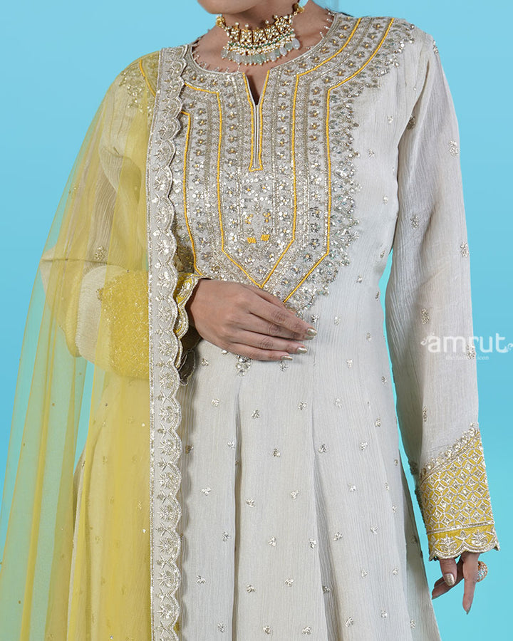 Cream Golden Embroidered salwar Kameez with Mustard Yellow Dupatta 03
