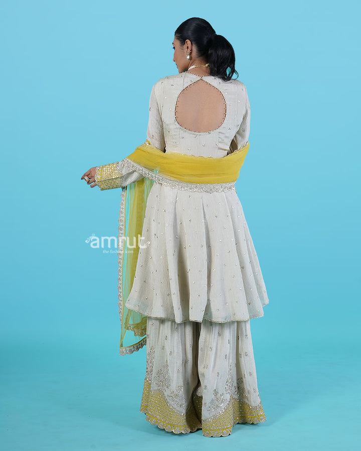 Cream Golden Embroidered salwar Kameez with Mustard Yellow Dupatta 06