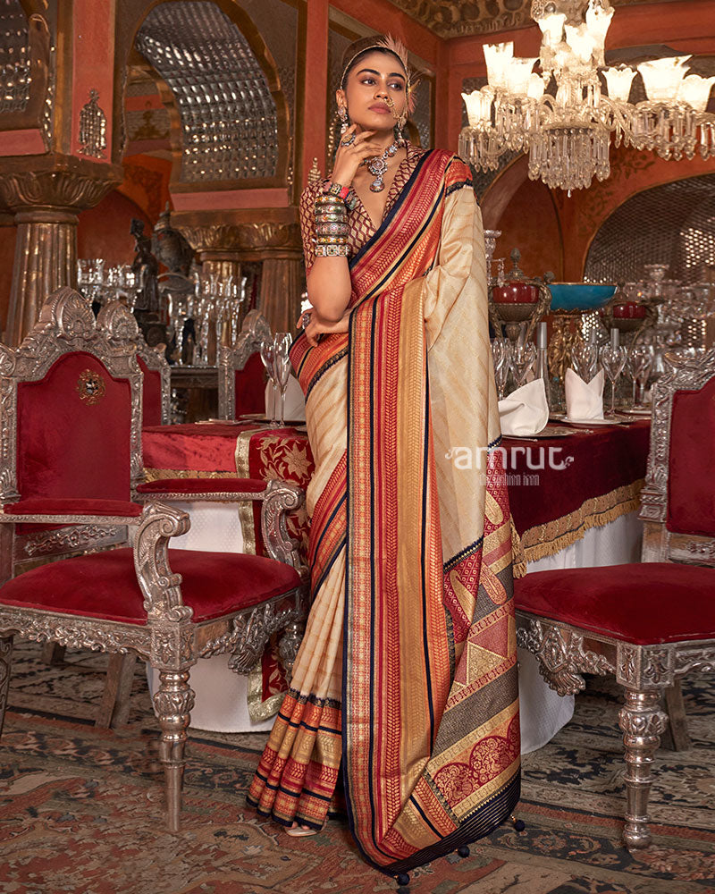 Cream Kanjivaram Silk Saree with Unstitched Blouse 01