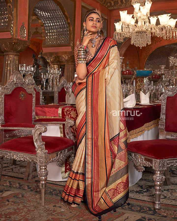 Cream Kanjivaram Silk Saree with Unstitched Blouse 01