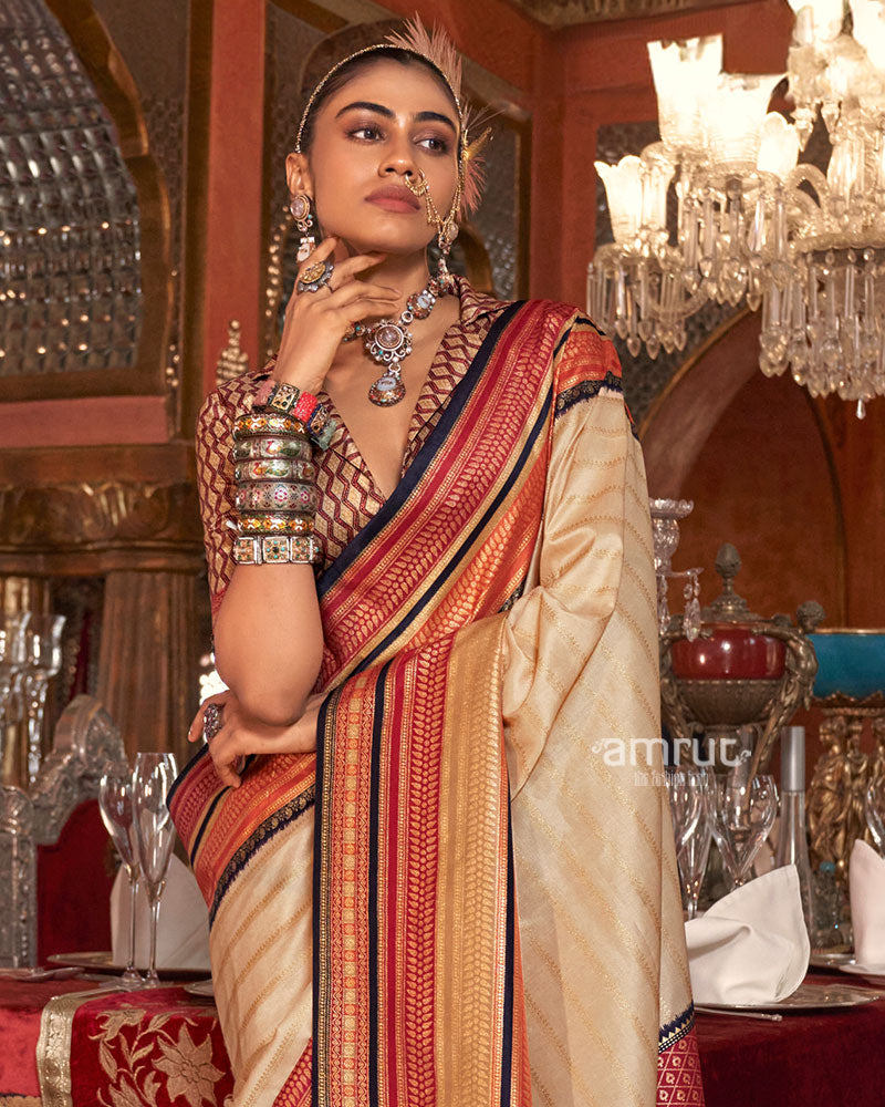 Cream Kanjivaram Silk Saree with Unstitched Blouse 02
