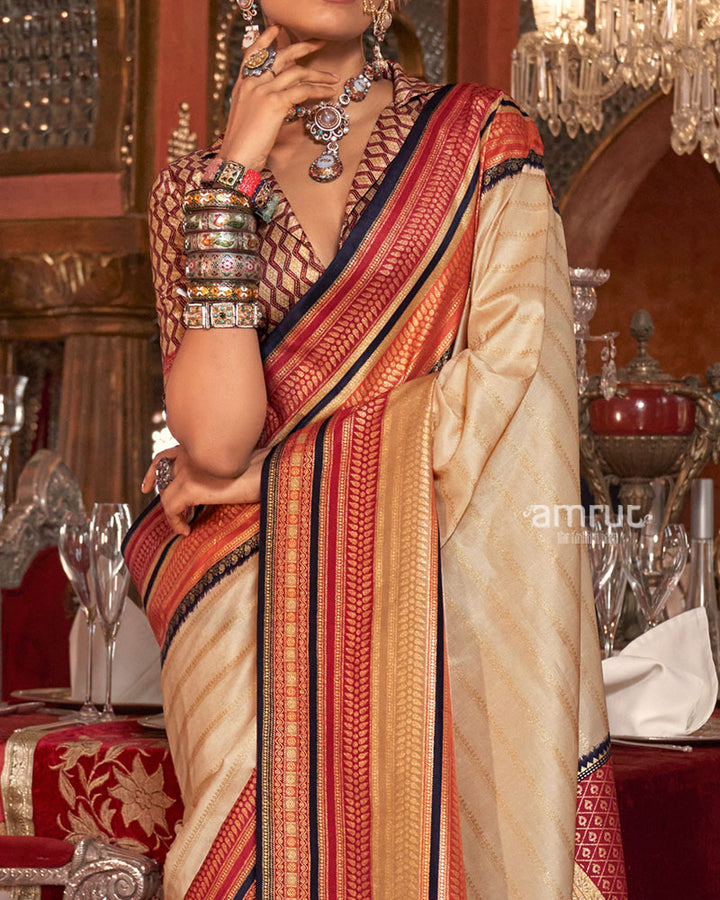 Cream Kanjivaram Silk Saree with Unstitched Blouse 03