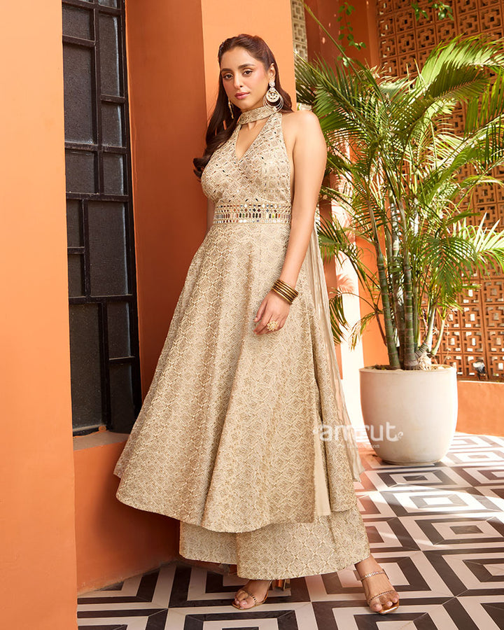 Cream Palazzo Style Silk Salwar Suit With Dupatta 01
