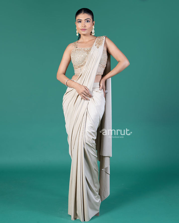 Cream Ready-to-Wear Saree with Embellished Cropped Blouse 01