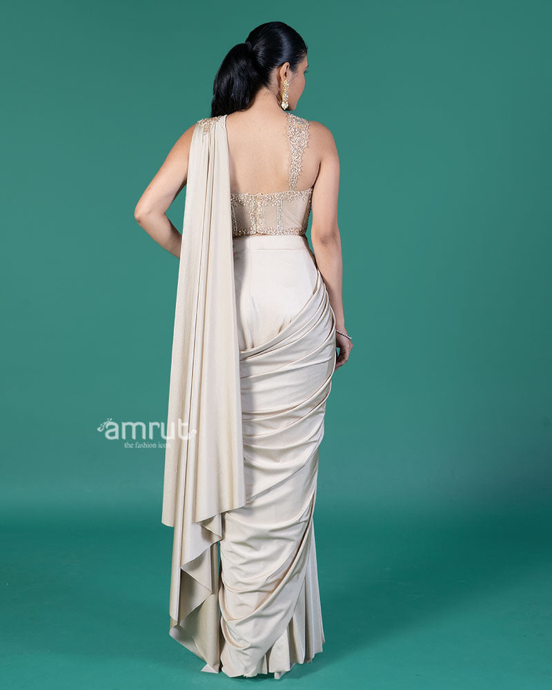 Cream Ready-to-Wear Saree with Embellished Cropped Blouse 05