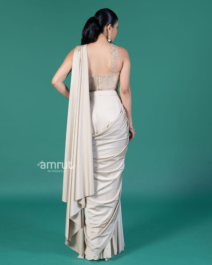 Cream Ready-to-Wear Saree with Embellished Cropped Blouse 05