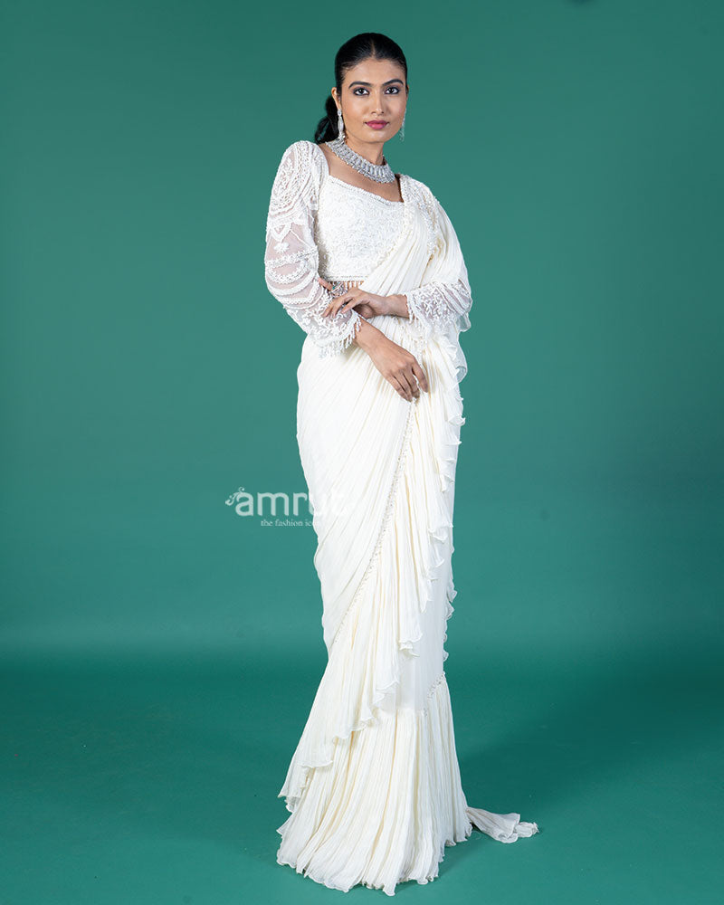 Cream Ready to wear Saree with Embellished Blouse 01