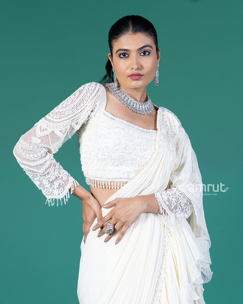 Cream Ready to wear Saree with Embellished Blouse 02