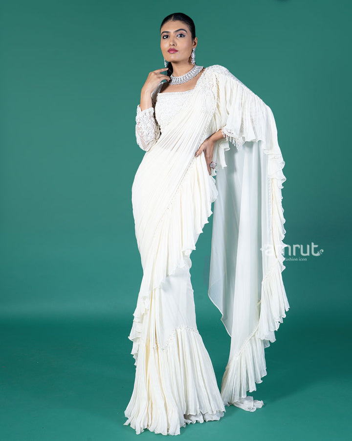Cream Ready to wear Saree with Embellished Blouse 04