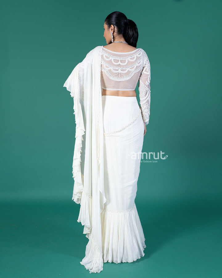 Cream Ready to wear Saree with Embellished Blouse 05