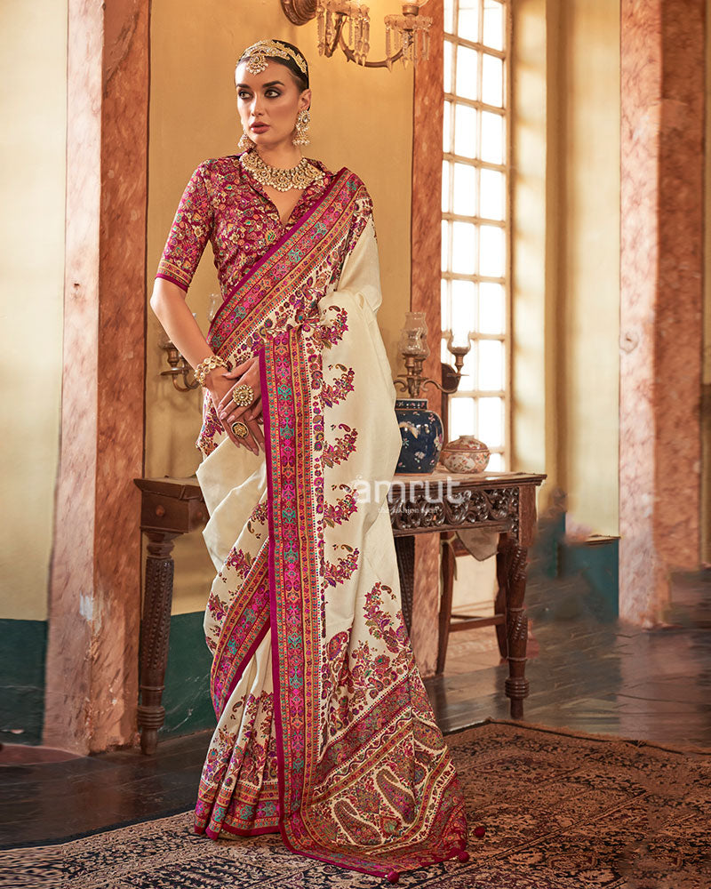 Cream Saree with Multicolored Paisley Print and Unstitched Blouse 01